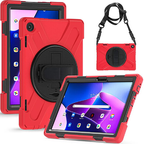 Coque en silicone anti-chocs avec dragonne, béquille et bandoulière pour votre Lenovo Tab M10 (Gen 3) TB-328FU/TB-328XU - rouge