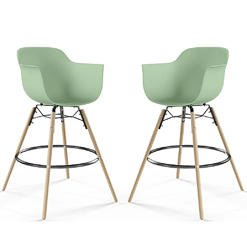 ICONIK INTERIOR Tabouret de Bar - Design Scandinave - Pieds en Bois - Lot de 2 - Nordika Vert pastel