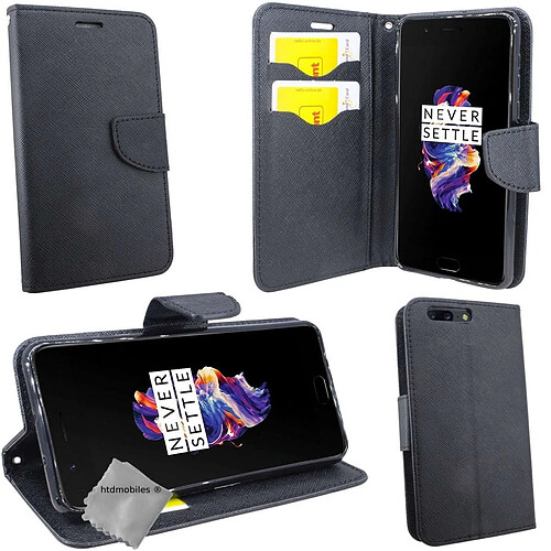 Htdmobiles Housse etui portefeuille pour OnePlus 5T + verre trempe - NOIR / NOIR