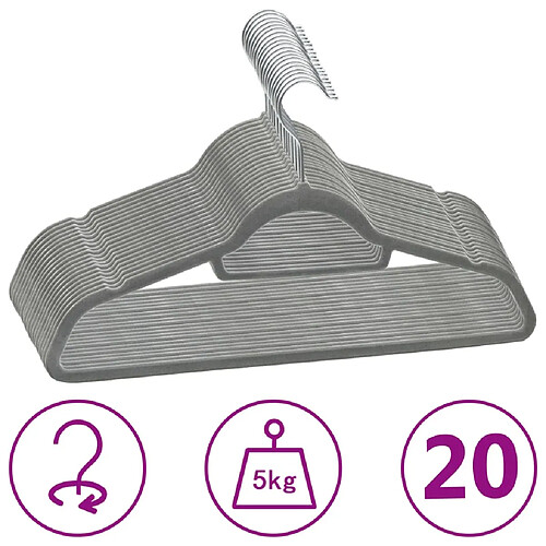 vidaXL Cintres antidérapants 20 pcs Gris Velours