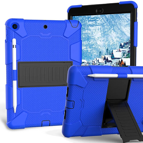 Wewoo Housse Étui Coque Pour iPad 10.2 Etui antichoc en silicone bicolore avec support et fente stylo bleu + noir