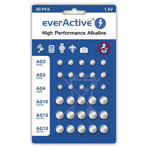 Mini alkaline battery Set everActive 10 x G3 / LR41, 5 x G4 / LR626, 5 x G10 / LR1130, 10 x G13 / LR1154