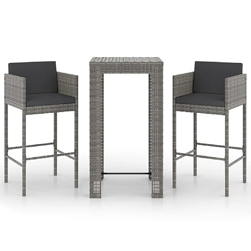 Maison Chic Ensemble de bar de jardin 3 pcs et coussins,Table + chaises + coussins de jardin Résine tressée Gris -GKD950421