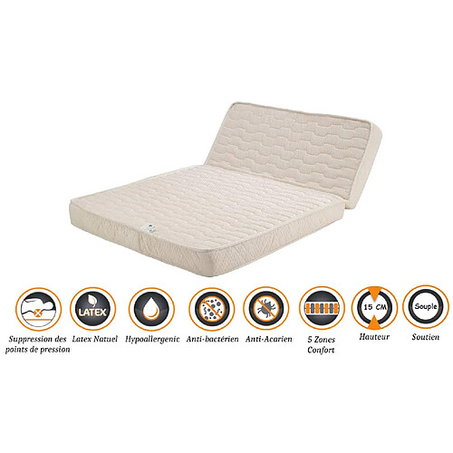 Nuits D'Or Matelas Souple Pour tous BZ 140x200 x 15 cm + Latex Naturel sur Face Hiver - Dim Assise 60 cm - 5 zones de Confort - Face été et Ame Poli Lattex Haute Résilience - Hypoallergénique