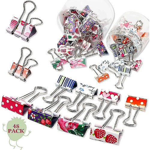 Universal Fong 48 pièces Clips de liant coloré Clips en papier 2 tailles Impression mignonne en métal pliant Clip de créateur Clips de liant avec boîte pour le bureau, l'école et hom