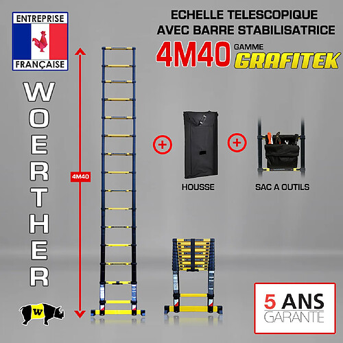 Echelle télescopique 4m40 Woerther Grafitek avec barre stabilisatrice - Plus housse et sac à outils - Qualité supérieure - Garantie 5 ans