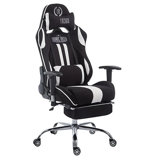 Decoshop26 Fauteuil de bureau chaise gamer avec repose-pieds extensible en tissu noir blanc et métal chromé 10_0002737