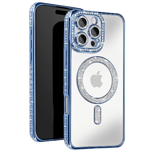 Avizar Coque Diamant pour iiPhone 16 Pro Max MagSafe Contour Strass Bleu