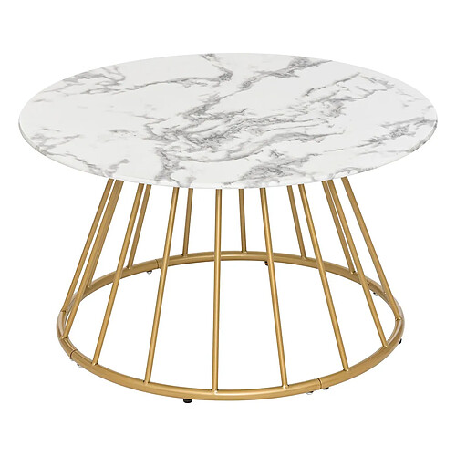 Pegane Table basse, Table de salon en verre trempé effet marbre coloris Blanc, noir et fer coloris doré - diamètre 70 x Hauteur 40 cm