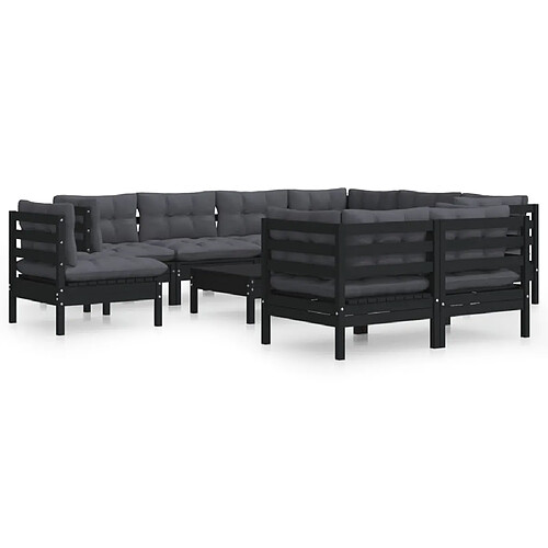 Maison Chic Salon de jardin 10 pcs + coussins - Mobilier/Meubles de jardin - Table et chaises d'extérieur Noir Bois de pin solide -MN42045