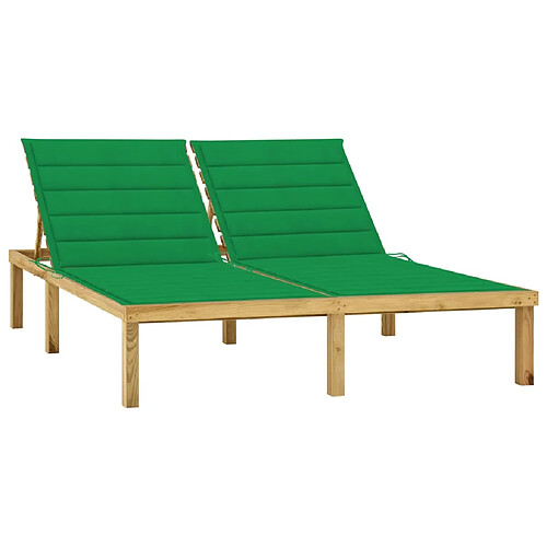 Helloshop26 Transat chaise longue bain de soleil lit de jardin terrasse meuble d'extérieur double et coussins vert bois de pin imprégné 02_0012761