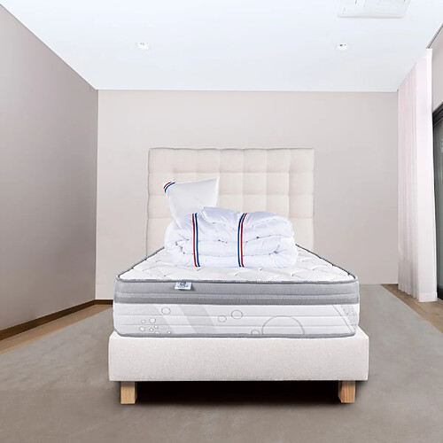 LUXURY LITERIE Ensemble Matelas ViscoPlus 26 cm, mousses haute densité, ferme, face été/hiver+sommier beige ep20cm+oreiller+couette+Tête de Lit, 90x190cm