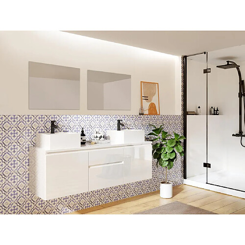 Vente-Unique Meuble de salle de bain suspendu avec double vasque et miroirs - Blanc - 150 cm - JIMENA II