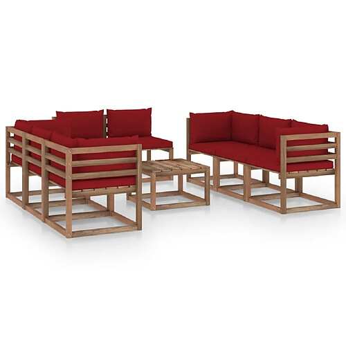 vidaXL Salon de jardin 9 pcs avec coussins Rouge bordeaux