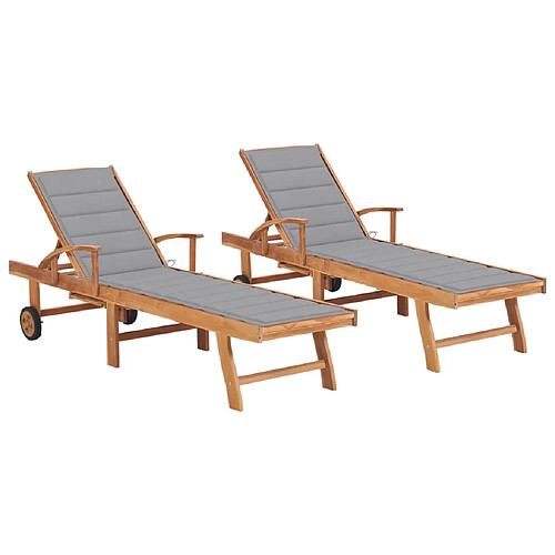 Helloshop26 Lot de 2 transats chaise longue bain de soleil lit de jardin terrasse meuble d'extérieur avec coussin gris bois de teck solide 02_0012032