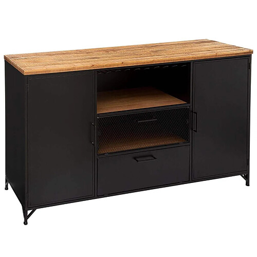 Pegane Buffet 2 portes en fer et bois coloris noir - Longueur 140 x P. 42,5 x Hauteur 85 cm