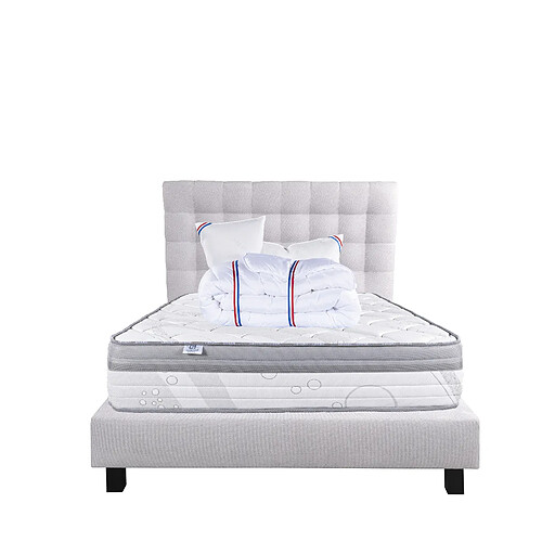 LUXURY LITERIE Ensemble matelas ViscoPlus 140x200 cm + sommier gris ep20cm + 2 oreillers + couette + Tête de Lit