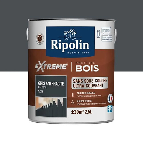 RIPOLIN Peinture pour pour Bois Interieur + Exterieur - Gris Anthracite Ral 7016 Satin, 2,5L