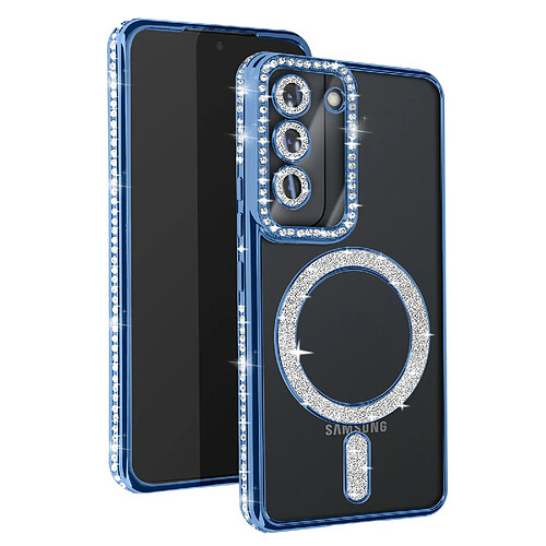 Avizar Coque Diamant pour Samsung Galaxy S23 MagSafe Contour Strass Bleu Clair