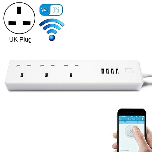 Wewoo Prise Connectée 4 x ports USB + 3 x UK Plug Jack télécommande WiFi Smart Power Socket Fonctionne avec Alexa et Google Home, Longueur du câble: 1,8 m, AC 90-265V, UK