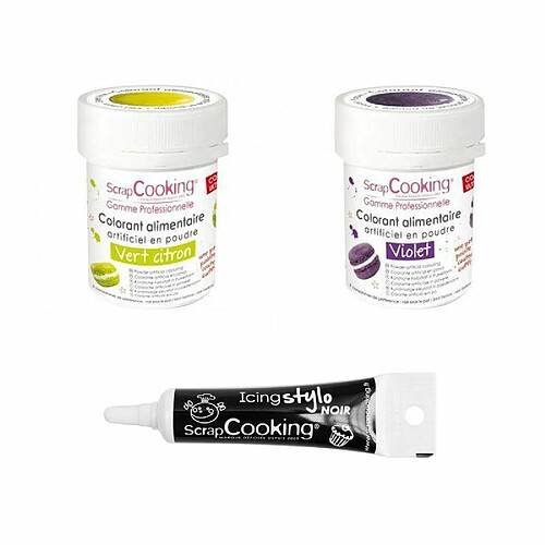 Scrapcooking 2 colorants alimentaires violet-vert citron + Stylo glaçage noir