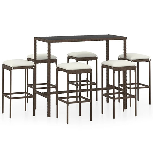 Maison Chic Ensemble de bar de jardin 7 pcs et coussins,Table + chaises + coussins d'extérieur Résine tressée Marron -GKD990628