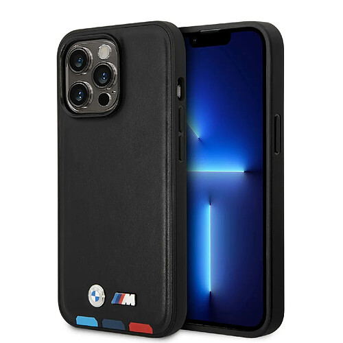 Cg Mobile BMW Coque pour iPhone 14 Pro en noir avec lignes inférieures tricolores, collection M, étui de protection lisse avec encliquetage, absorption des chocs et logo signature