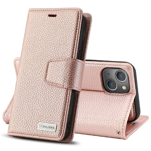 Etui en PU texture litchi, magnétique avec support pour votre iPhone 14 - or rose