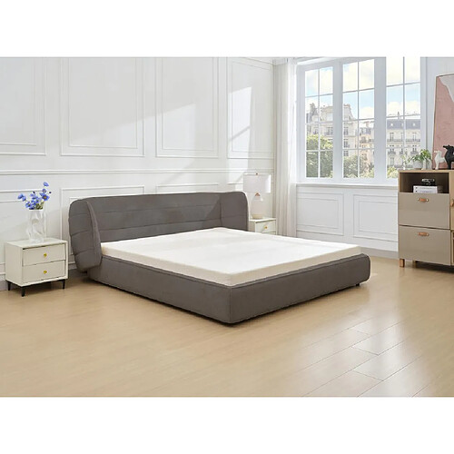 Vente-Unique Lit 160 x 200 cm avec tête de lit incurvée - Tissu bouclette - Gris + Matelas - LARUMO de Maison Céphy