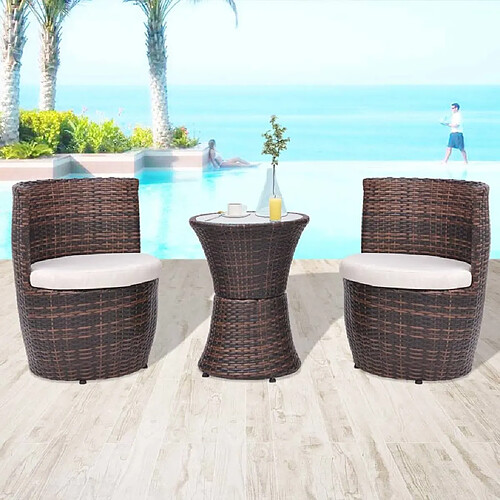 vidaXL Mobilier de bistro 3 pcs avec coussins Résine tressée Marron