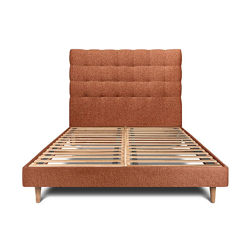 Sommeil de plomb Lit 135x190cm avec tête de lit capitonnée bouclette et sommier kit Terracotta - Hauteur totale : 29cm