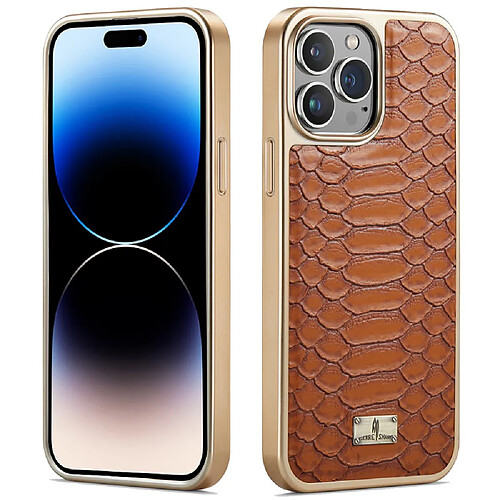 Coque en TPU + PU FIERRE SHANN électroplaqué, texture python, anti-écaillage pour votre iPhone 14 Pro - marron