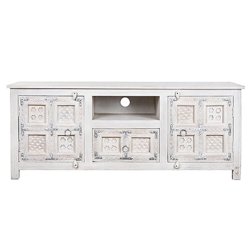 Pegane Meuble TV en bois de manguier coloris blanc vieilli - Longueur 151 x Profondeur 40 x hauteur 60 cm