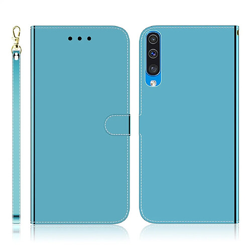 Wewoo Housse Coque Etui à rabat horizontal en surface imitation miroir pour Galaxy A50 avec porte-cartes et emplacements cartes ainsi que portefeuille et lanière bleu