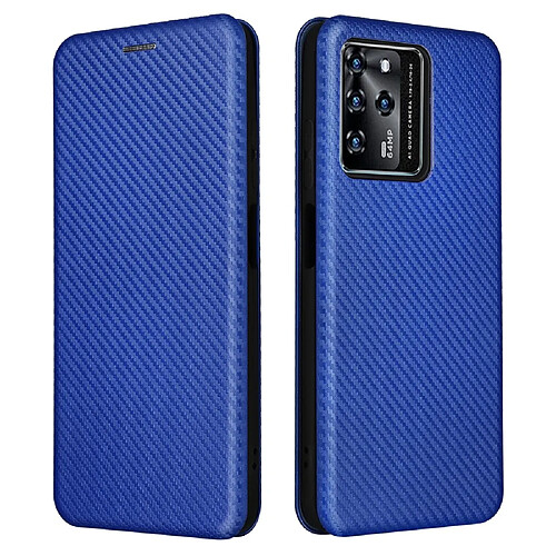 Coque en TPU + PU texture en fibre de carbone, anti-empreintes digitales, fermeture magnétique auto-absorbée avec support, bleu pour votre ZTE Blade V30