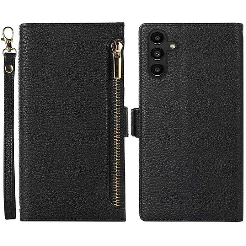 Etui en PU texture litchi avec support, pochette à fermeture éclair et sangle pour votre Samsung Galaxy A13 5G - noir