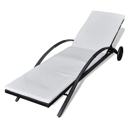 Helloshop26 Transat chaise longue bain de soleil lit de jardin terrasse meuble d'extérieur avec coussin et roues résine tressée noir 02_0012449