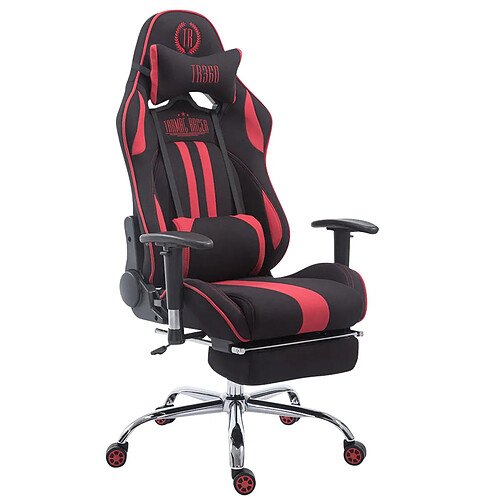 Decoshop26 Fauteuil de bureau chaise gamer avec repose-pieds extensible en tissu noir / rouge et métal chromé 10_0002736