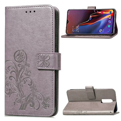 Wewoo Coque Étui en cuir à motif de fleurs pressées Lucky Clover pour OnePlus 6T, avec support et logements pour cartes, portefeuille dragonne (Gris)