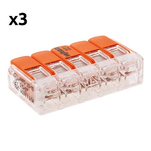 Lot de 3 bornes de raccordement S221 Compact - Connexion rapide - 5 conducteurs avec leviers 6mm² - orange - Wago