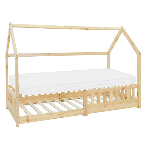 ML-Design Lit d'enfants avec toit et protection antichute bois naturel + matelas 200x90 cm