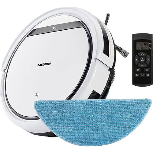 Medion E32 SW Aspirateur Robot 0.3L 38W Sans Sac Télécommande Brosses de Nettoyage Tapis Blanc