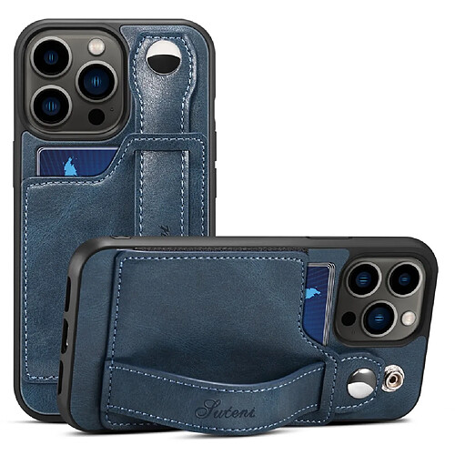 Coque en TPU + PU anti-rayures avec béquille pour dragonne et porte-carte bleu pour votre iPhone 13 Pro 6.1 pouces