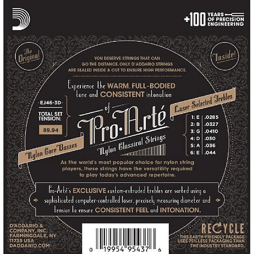 D'Addario Cordes en nylon pour guitare classique D'Addario Pro-Arte EJ46-3D, Hard, 3 jeux