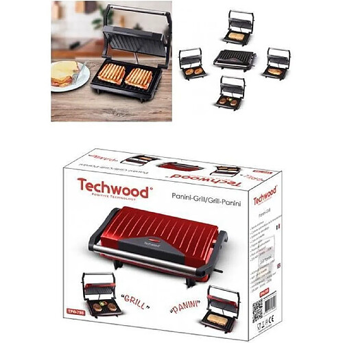 Techwood APPAREIL Grill Viande / Panini / ROUGE Bac recuperateur de graisse Plaque anti-adhesive 750W Haute qualité