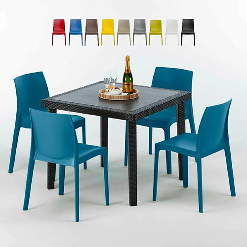 Table Carrée Noire 90x90cm Avec 4 Chaises Colorées Grand Soleil Set Extérieur Bar Café Rome Passion, Couleur: Bleu