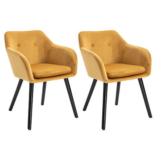 Homcom Chaises de visiteur design scandinave - lot de 2 chaises - pieds effilés bois noir - assise dossier accoudoirs ergonomiques velours moutarde