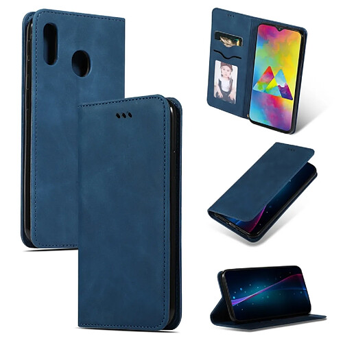 Wewoo Housse Coque Etui en cuir avec rabat horizontal magnétique Business Skin Feel pour Samsung Galaxy M20 bleu marine