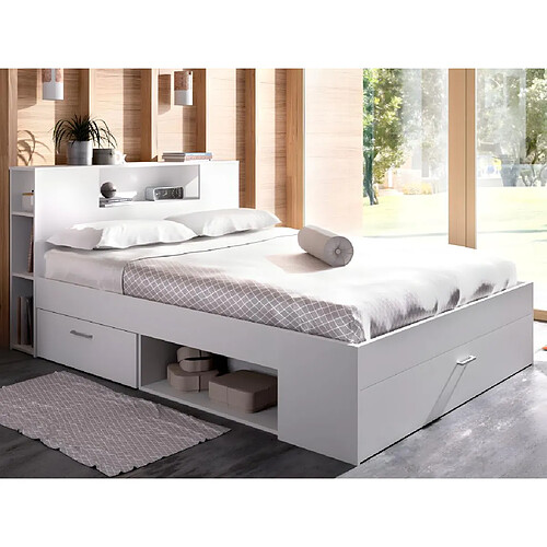 Vente-Unique Lit avec tête de lit rangements et tiroirs - 160 x 200 cm - Coloris : Blanc + Sommier + Matelas - LEANDRE