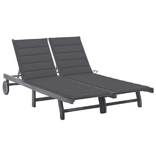 Helloshop26 Transat chaise longue bain de soleil lit de jardin terrasse meuble d'extérieur 2 places avec coussin gris acacia 02_0012226